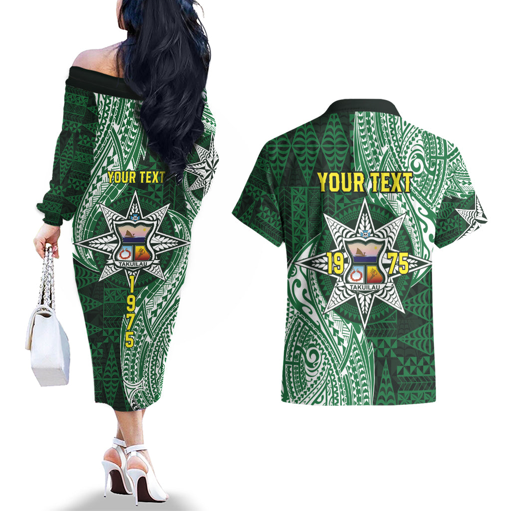 Personalised Tonga Takuilau College Couples Matching Off The Shoulder Long Sleeve Dress and Hawaiian Shirt Since 1975 Special Kupesi Pattern LT9 - Polynesian Pride