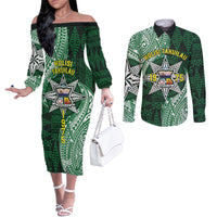 Personalised Tonga Takuilau College Couples Matching Off The Shoulder Long Sleeve Dress and Long Sleeve Button Shirt Since 1975 Special Kupesi Pattern LT9 Green - Polynesian Pride