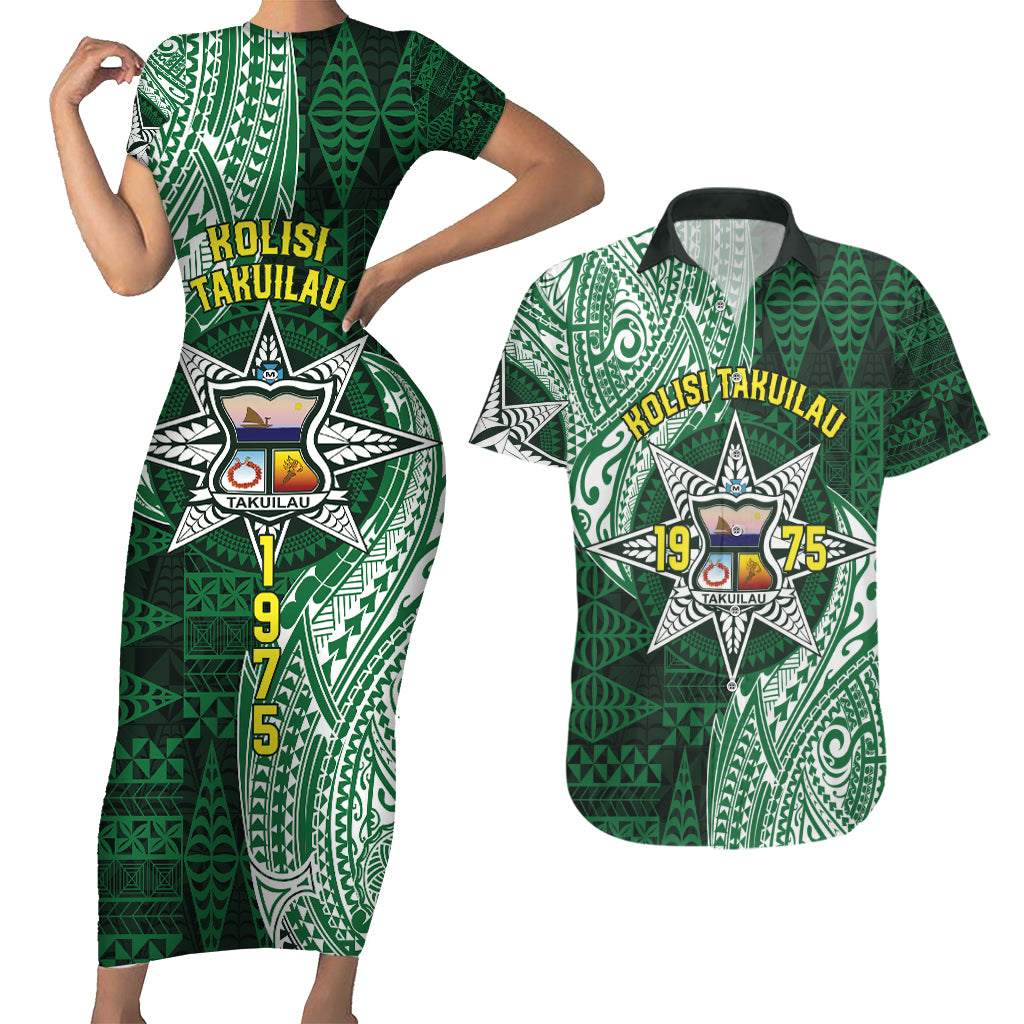Personalised Tonga Takuilau College Couples Matching Short Sleeve Bodycon Dress and Hawaiian Shirt Since 1975 Special Kupesi Pattern LT9 Green - Polynesian Pride