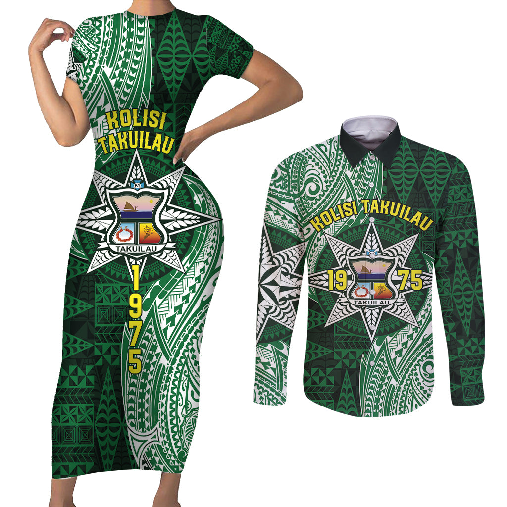 Personalised Tonga Takuilau College Couples Matching Short Sleeve Bodycon Dress and Long Sleeve Button Shirt Since 1975 Special Kupesi Pattern LT9 Green - Polynesian Pride