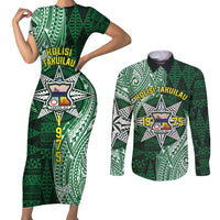 Personalised Tonga Takuilau College Couples Matching Short Sleeve Bodycon Dress and Long Sleeve Button Shirt Since 1975 Special Kupesi Pattern LT9 Green - Polynesian Pride