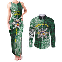 Personalised Tonga Takuilau College Couples Matching Tank Maxi Dress and Long Sleeve Button Shirt Since 1975 Special Kupesi Pattern LT9 Green - Polynesian Pride