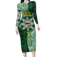 Personalised Tonga Takuilau College Family Matching Long Sleeve Bodycon Dress and Hawaiian Shirt Since 1975 Special Kupesi Pattern LT9 Mom's Dress Green - Polynesian Pride