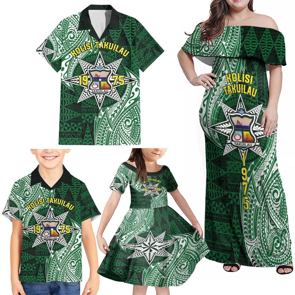 Personalised Tonga Takuilau College Family Matching Off Shoulder Maxi Dress and Hawaiian Shirt Since 1975 Special Kupesi Pattern LT9 - Polynesian Pride