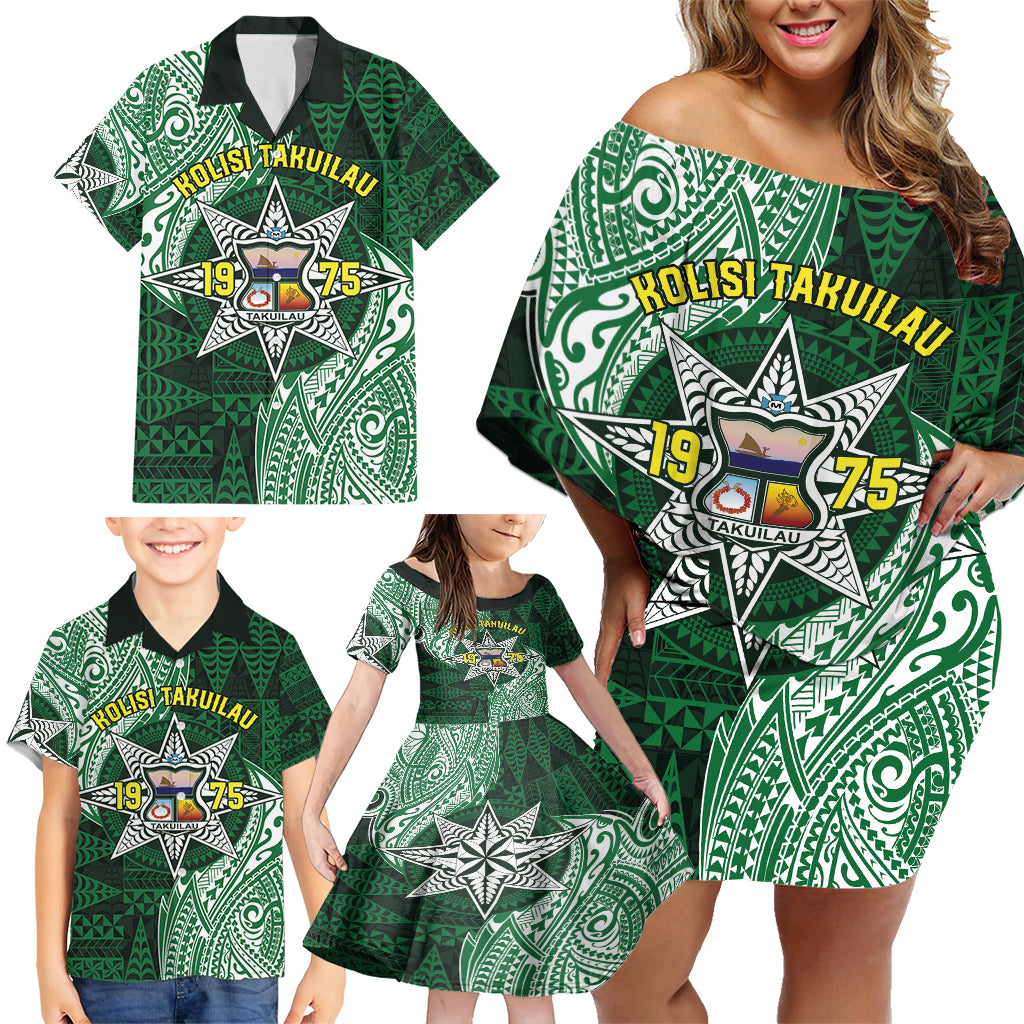 Personalised Tonga Takuilau College Family Matching Off Shoulder Short Dress and Hawaiian Shirt Since 1975 Special Kupesi Pattern LT9 - Polynesian Pride