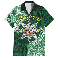 Personalised Tonga Takuilau College Family Matching Puletasi and Hawaiian Shirt Since 1975 Special Kupesi Pattern LT9 Dad's Shirt - Short Sleeve Green - Polynesian Pride