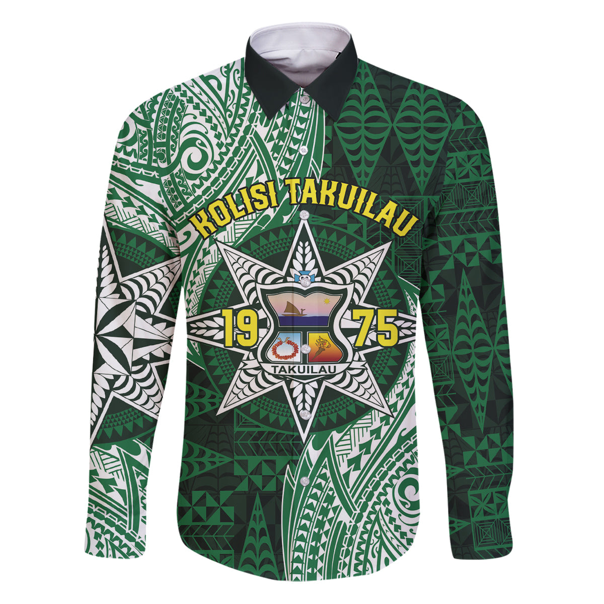 Personalised Tonga Takuilau College Family Matching Puletasi and Hawaiian Shirt Since 1975 Special Kupesi Pattern LT9 Dad's Shirt - Long Sleeve Green - Polynesian Pride