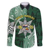 Personalised Tonga Takuilau College Family Matching Puletasi and Hawaiian Shirt Since 1975 Special Kupesi Pattern LT9 Dad's Shirt - Long Sleeve Green - Polynesian Pride