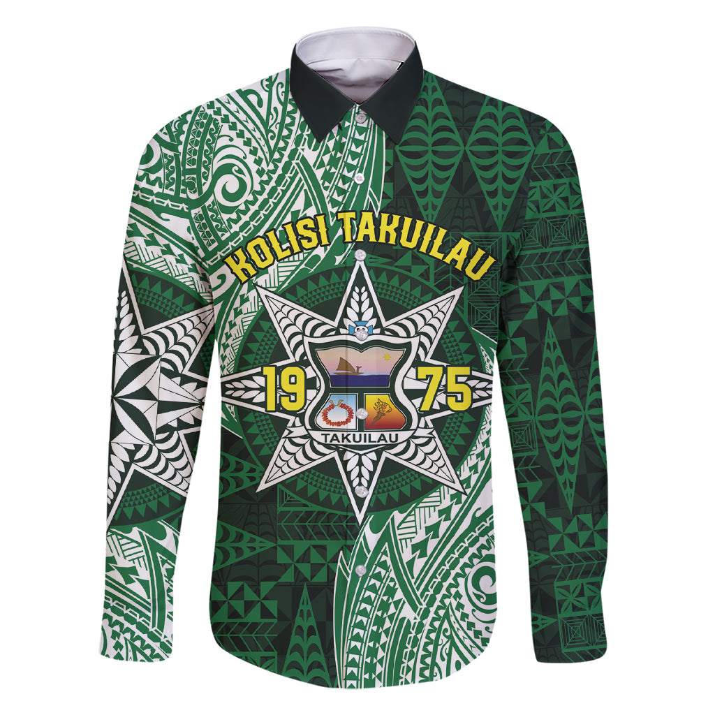 Personalised Tonga Takuilau College Family Matching Short Sleeve Bodycon Dress and Hawaiian Shirt Since 1975 Special Kupesi Pattern LT9 Dad's Shirt - Long Sleeve Green - Polynesian Pride