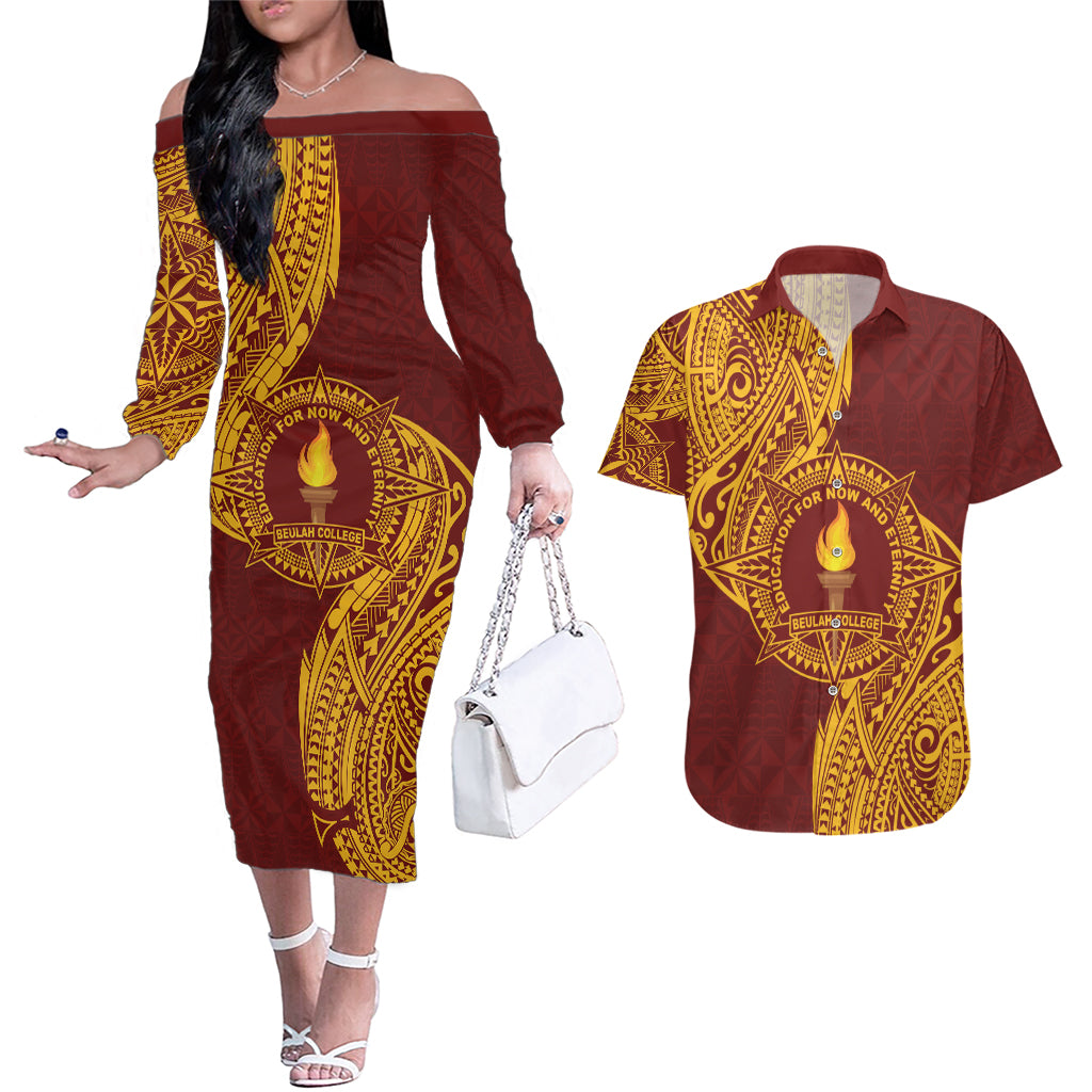 Personalised Tonga Beulah College Couples Matching Off The Shoulder Long Sleeve Dress and Hawaiian Shirt Since 1938 Special Kupesi Pattern LT9 Gold - Polynesian Pride