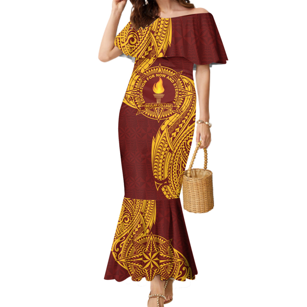 Personalised Tonga Beulah College Family Matching Mermaid Dress and Hawaiian Shirt Since 1938 Special Kupesi Pattern LT9 Mom's Dress Gold - Polynesian Pride