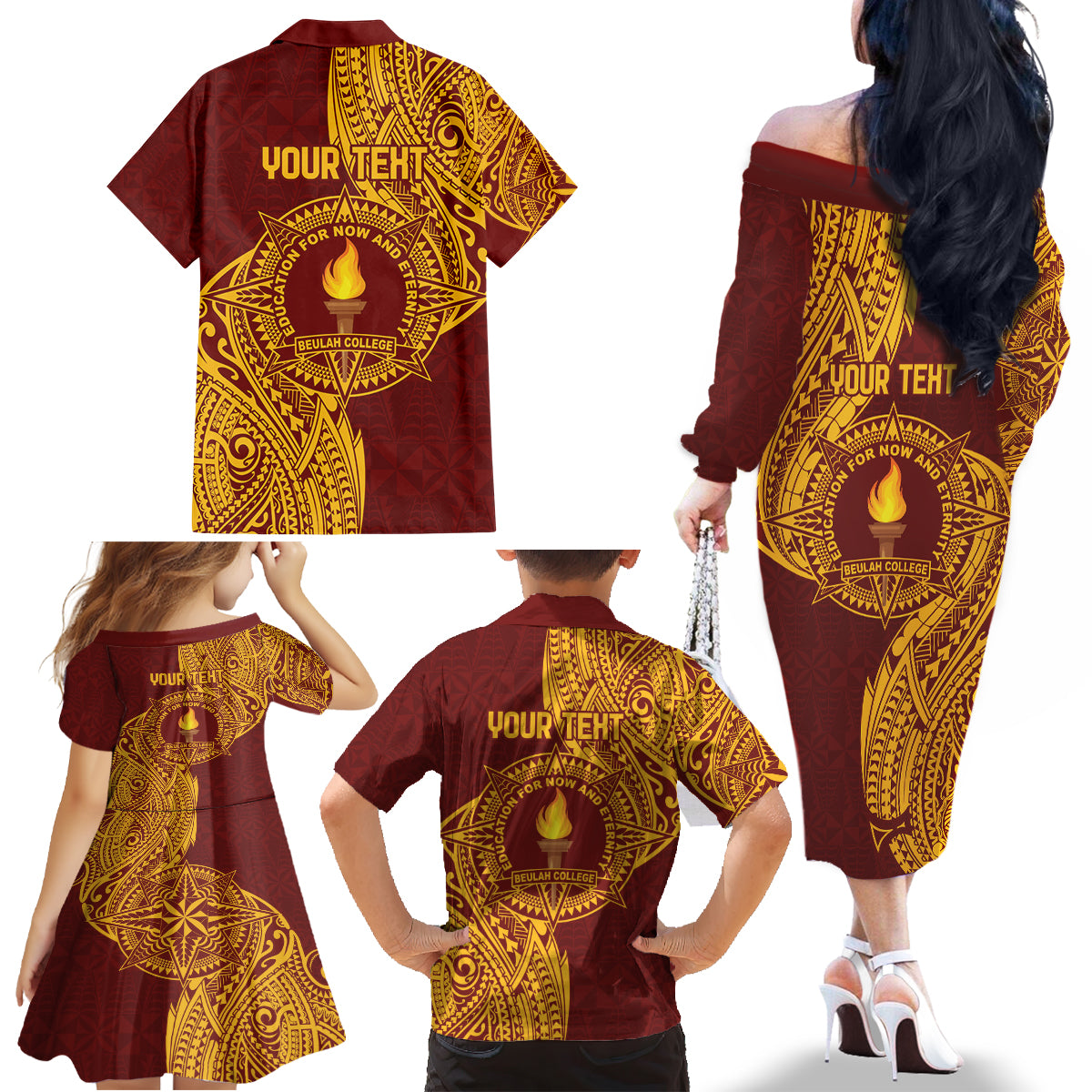 Personalised Tonga Beulah College Family Matching Off The Shoulder Long Sleeve Dress and Hawaiian Shirt Since 1938 Special Kupesi Pattern LT9 - Polynesian Pride