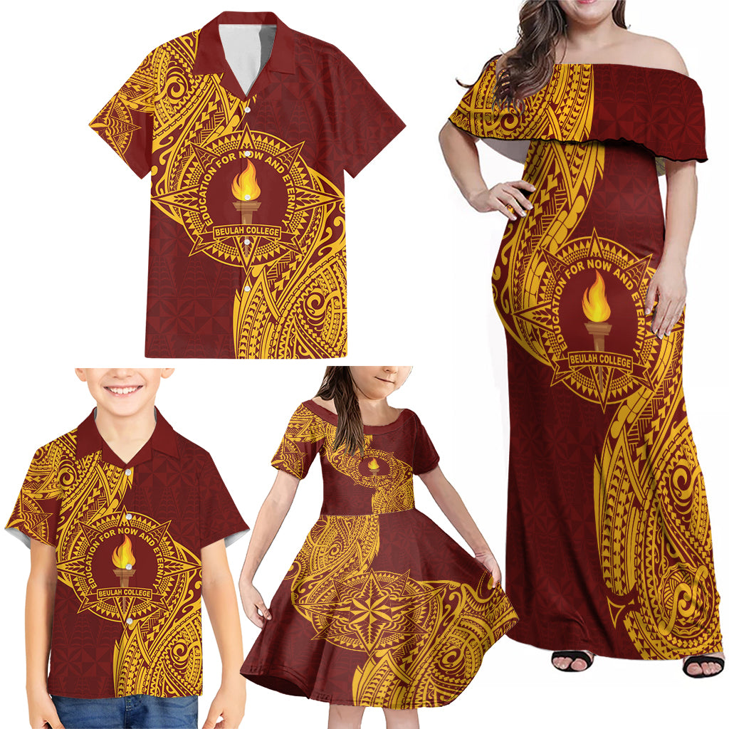 Personalised Tonga Beulah College Family Matching Off Shoulder Maxi Dress and Hawaiian Shirt Since 1938 Special Kupesi Pattern LT9 - Polynesian Pride