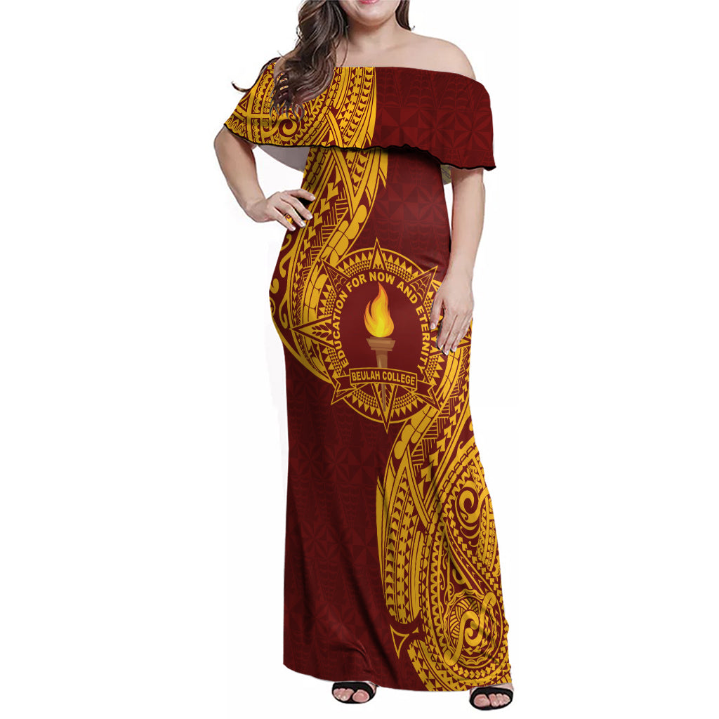 Personalised Tonga Beulah College Family Matching Off Shoulder Maxi Dress and Hawaiian Shirt Since 1938 Special Kupesi Pattern LT9 Mom's Dress Gold - Polynesian Pride