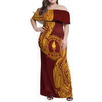 Personalised Tonga Beulah College Family Matching Off Shoulder Maxi Dress and Hawaiian Shirt Since 1938 Special Kupesi Pattern LT9 Mom's Dress Gold - Polynesian Pride