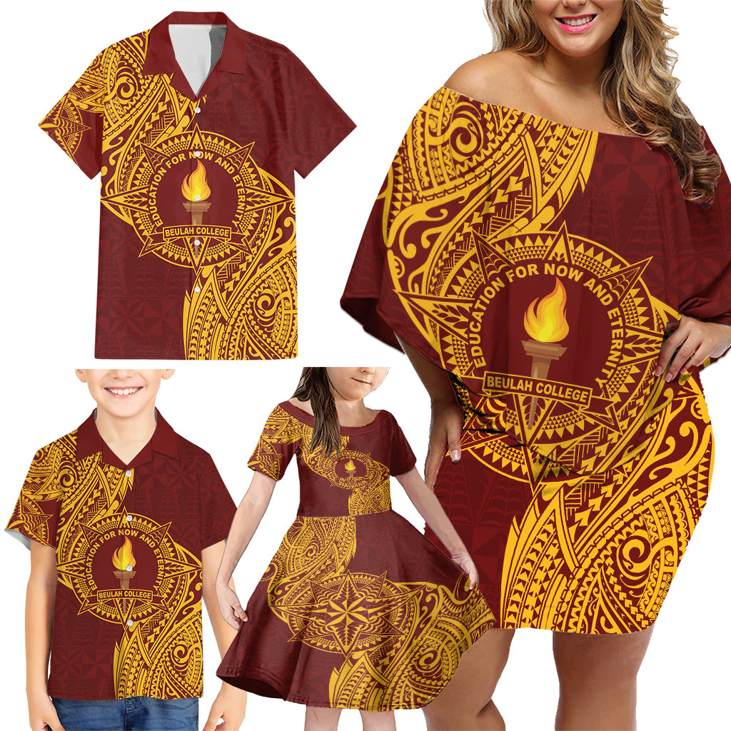 Personalised Tonga Beulah College Family Matching Off Shoulder Short Dress and Hawaiian Shirt Since 1938 Special Kupesi Pattern LT9 - Polynesian Pride
