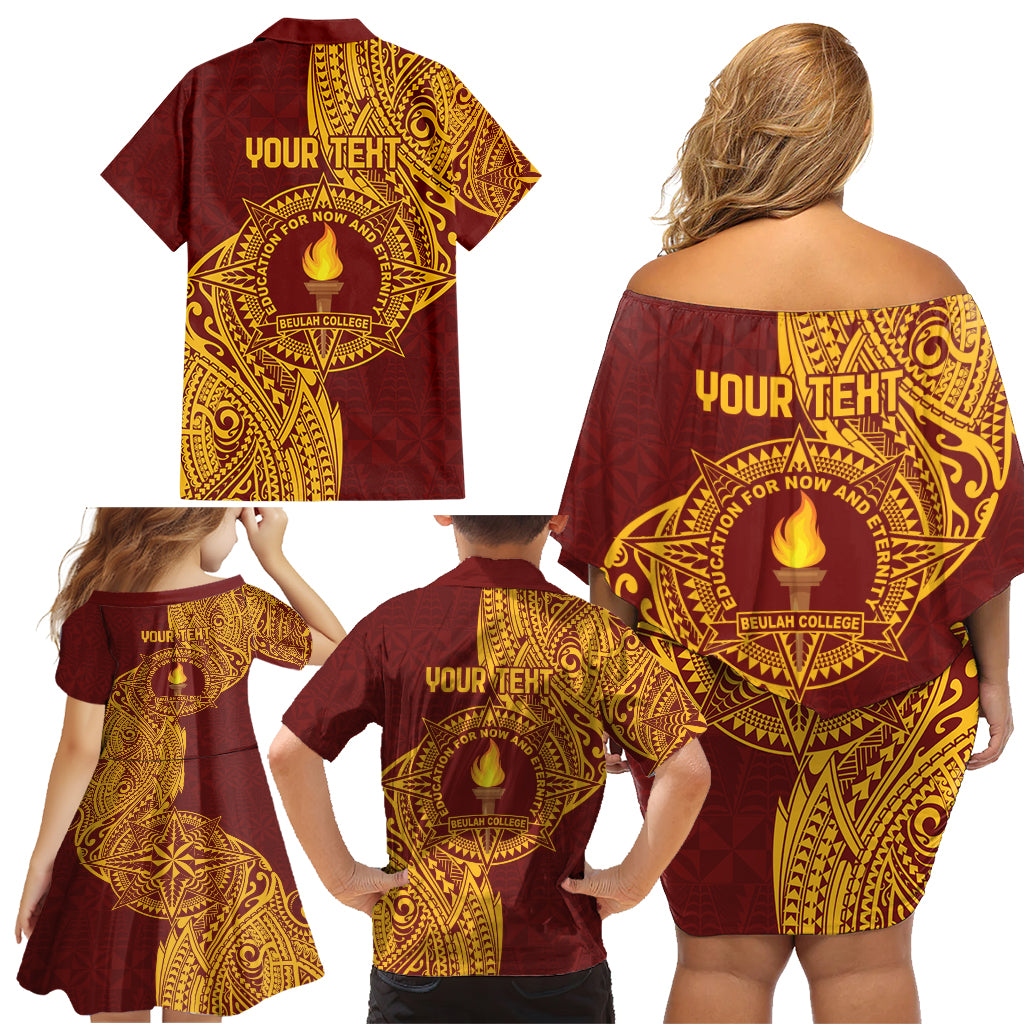 Personalised Tonga Beulah College Family Matching Off Shoulder Short Dress and Hawaiian Shirt Since 1938 Special Kupesi Pattern LT9 - Polynesian Pride