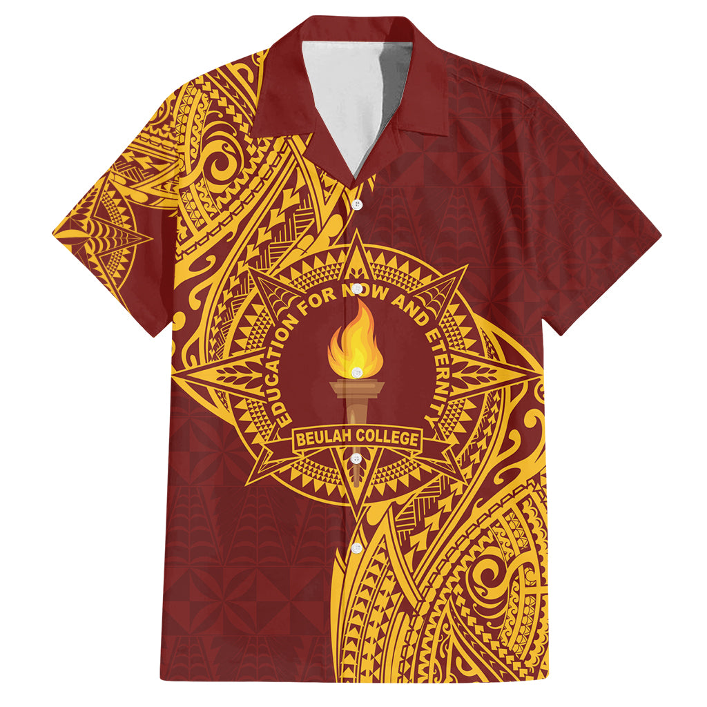 Personalised Tonga Beulah College Family Matching Off Shoulder Short Dress and Hawaiian Shirt Since 1938 Special Kupesi Pattern LT9 Dad's Shirt - Short Sleeve Gold - Polynesian Pride
