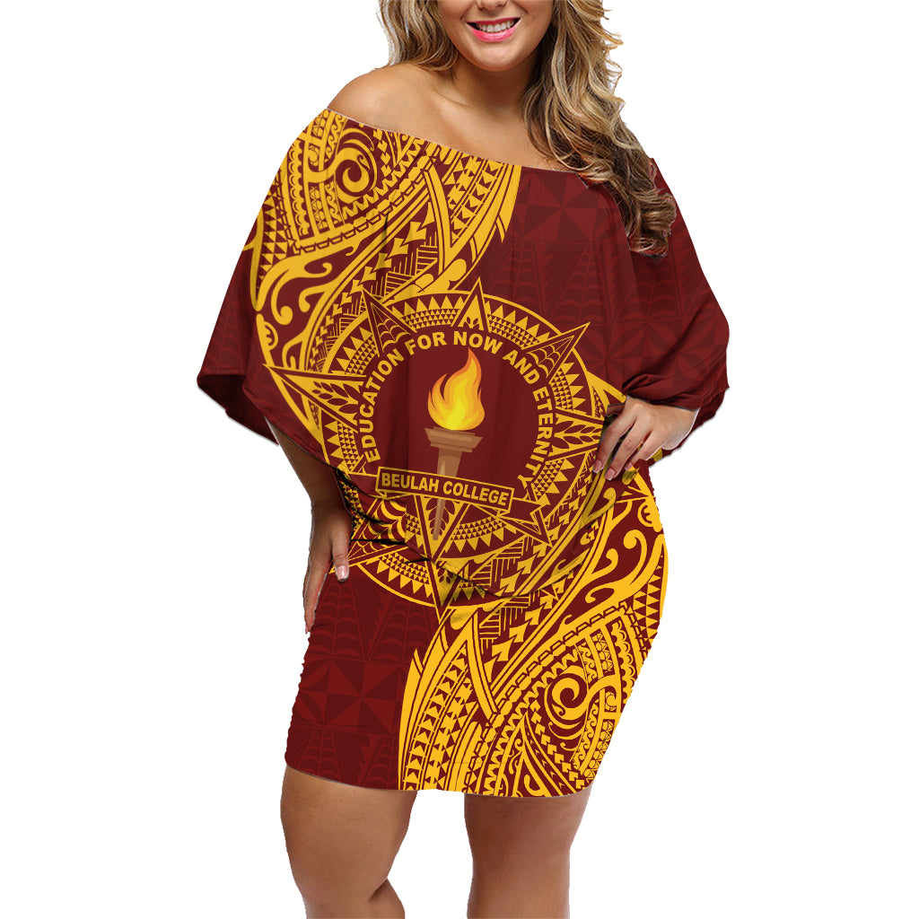 Personalised Tonga Beulah College Family Matching Off Shoulder Short Dress and Hawaiian Shirt Since 1938 Special Kupesi Pattern LT9 Mom's Dress Gold - Polynesian Pride