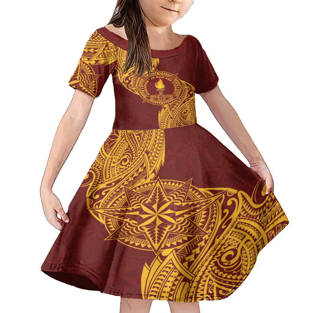 Personalised Tonga Beulah College Family Matching Short Sleeve Bodycon Dress and Hawaiian Shirt Since 1938 Special Kupesi Pattern LT9 Daughter's Dress Gold - Polynesian Pride