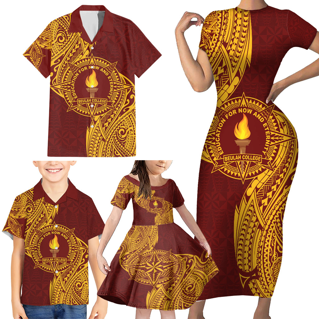 Personalised Tonga Beulah College Family Matching Short Sleeve Bodycon Dress and Hawaiian Shirt Since 1938 Special Kupesi Pattern LT9 - Polynesian Pride