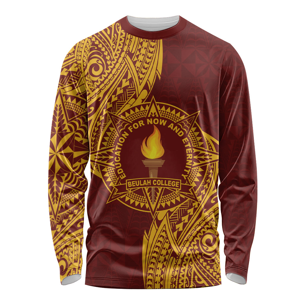 Personalised Tonga Beulah College Long Sleeve Shirt Since 1938 Special Kupesi Pattern LT9 Unisex Gold - Polynesian Pride