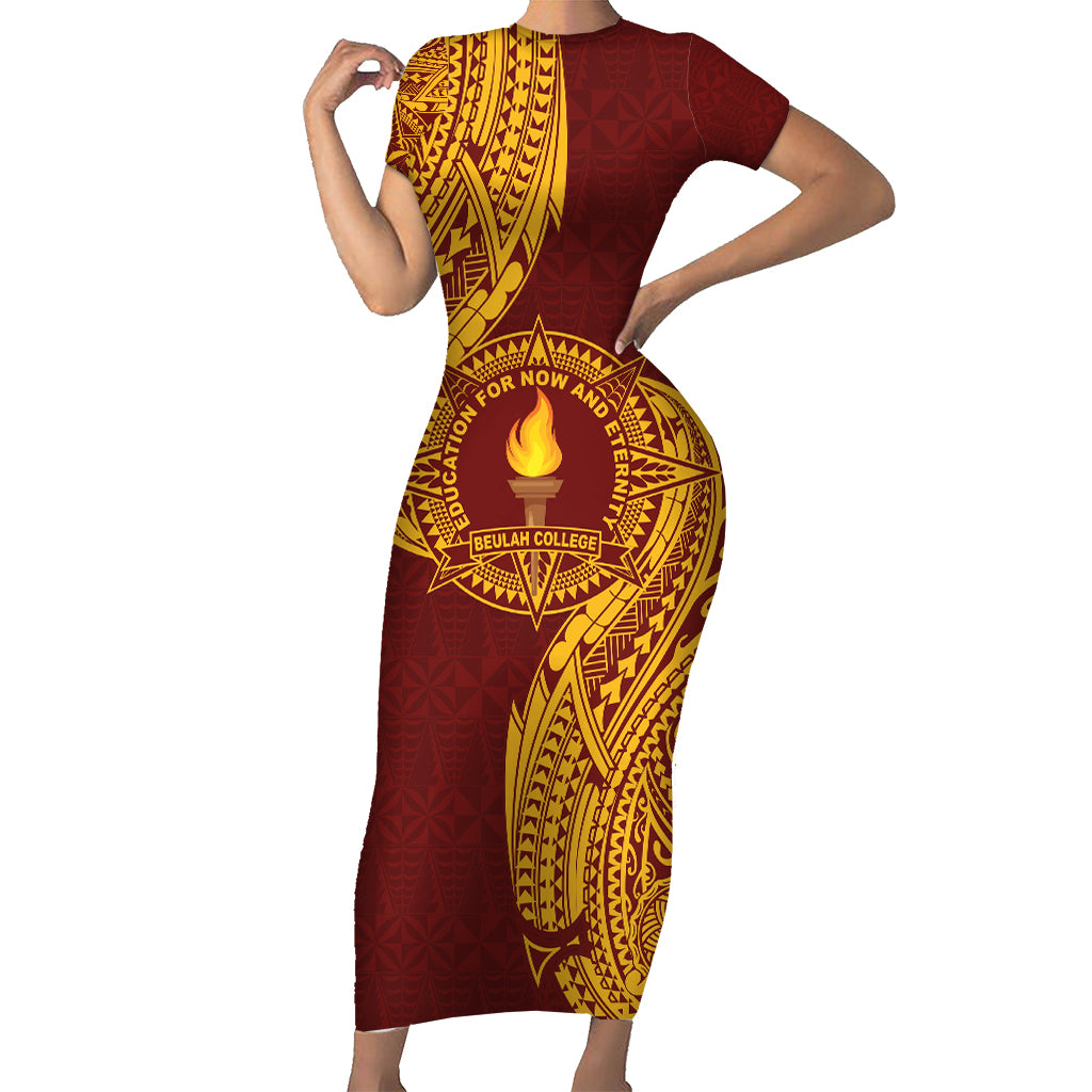 Personalised Tonga Beulah College Short Sleeve Bodycon Dress Since 1938 Special Kupesi Pattern LT9 Long Dress Gold - Polynesian Pride