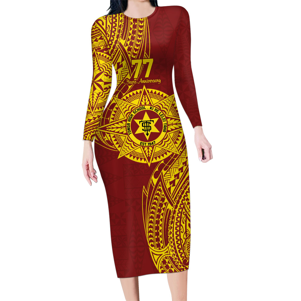 Personalised Tonga High School 77th Anniversary Family Matching Long Sleeve Bodycon Dress and Hawaiian Shirt Special Kupesi Pattern LT9 Mom's Dress Gold - Polynesian Pride