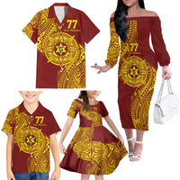 Personalised Tonga High School 77th Anniversary Family Matching Off The Shoulder Long Sleeve Dress and Hawaiian Shirt Special Kupesi Pattern LT9 - Polynesian Pride
