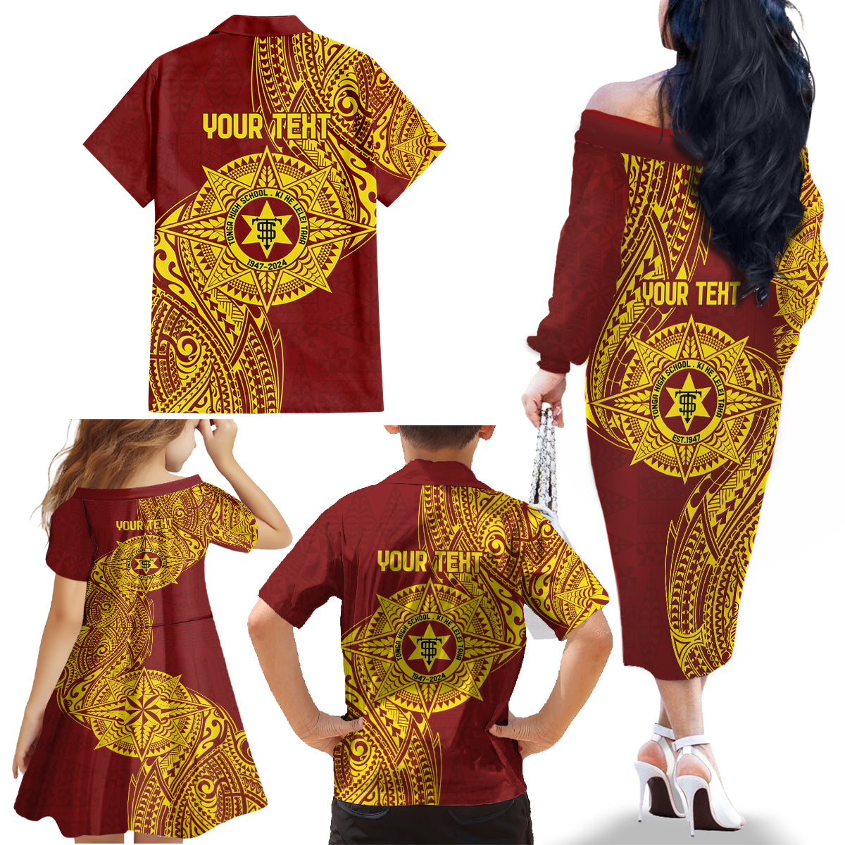 Personalised Tonga High School 77th Anniversary Family Matching Off The Shoulder Long Sleeve Dress and Hawaiian Shirt Special Kupesi Pattern LT9 - Polynesian Pride