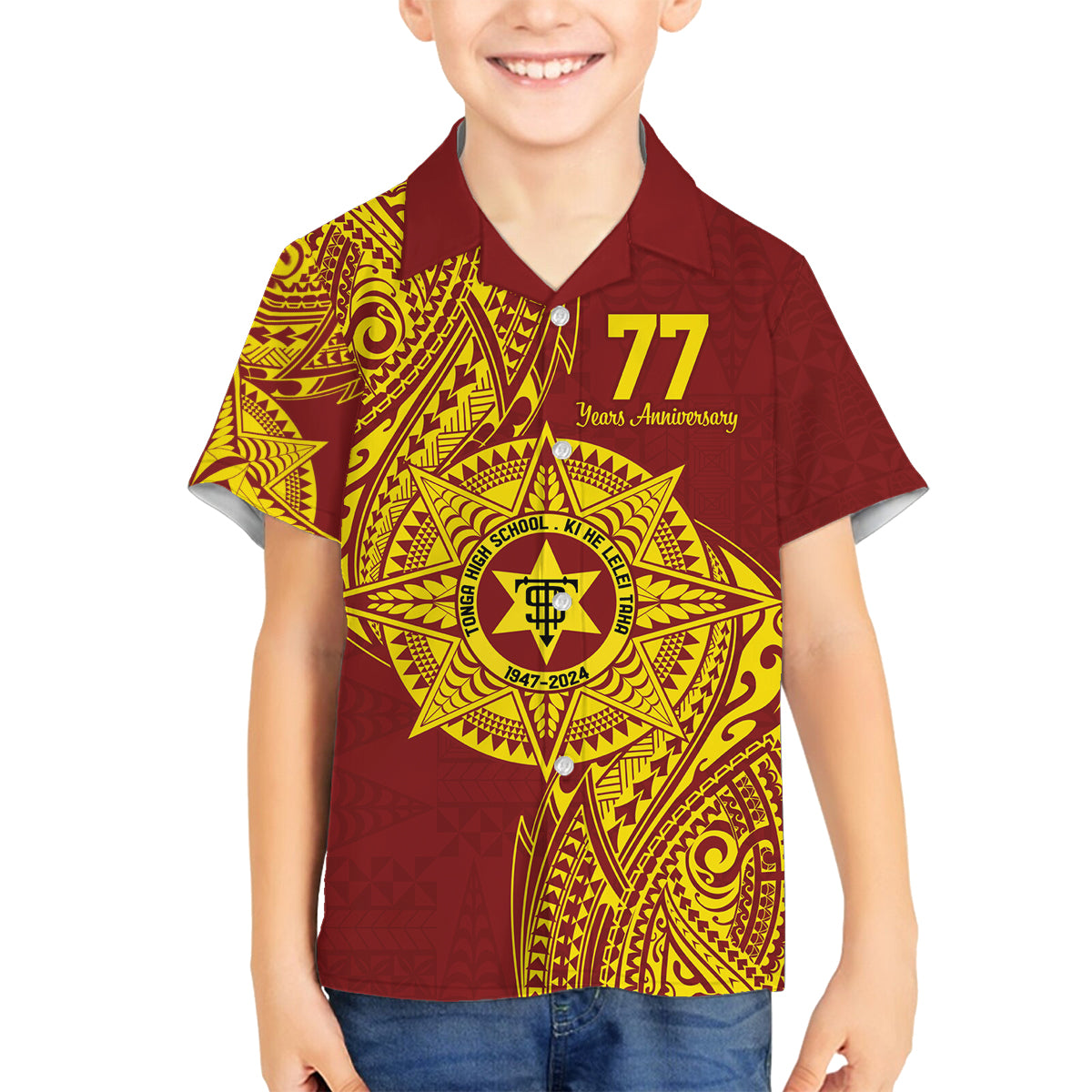 Personalised Tonga High School 77th Anniversary Family Matching Off The Shoulder Long Sleeve Dress and Hawaiian Shirt Special Kupesi Pattern LT9 Son's Shirt Gold - Polynesian Pride