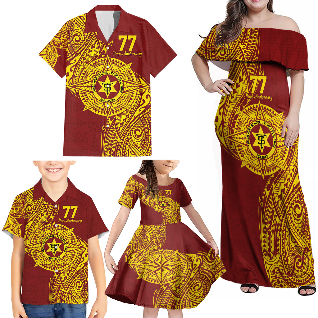 Personalised Tonga High School 77th Anniversary Family Matching Off Shoulder Maxi Dress and Hawaiian Shirt Special Kupesi Pattern LT9 - Polynesian Pride