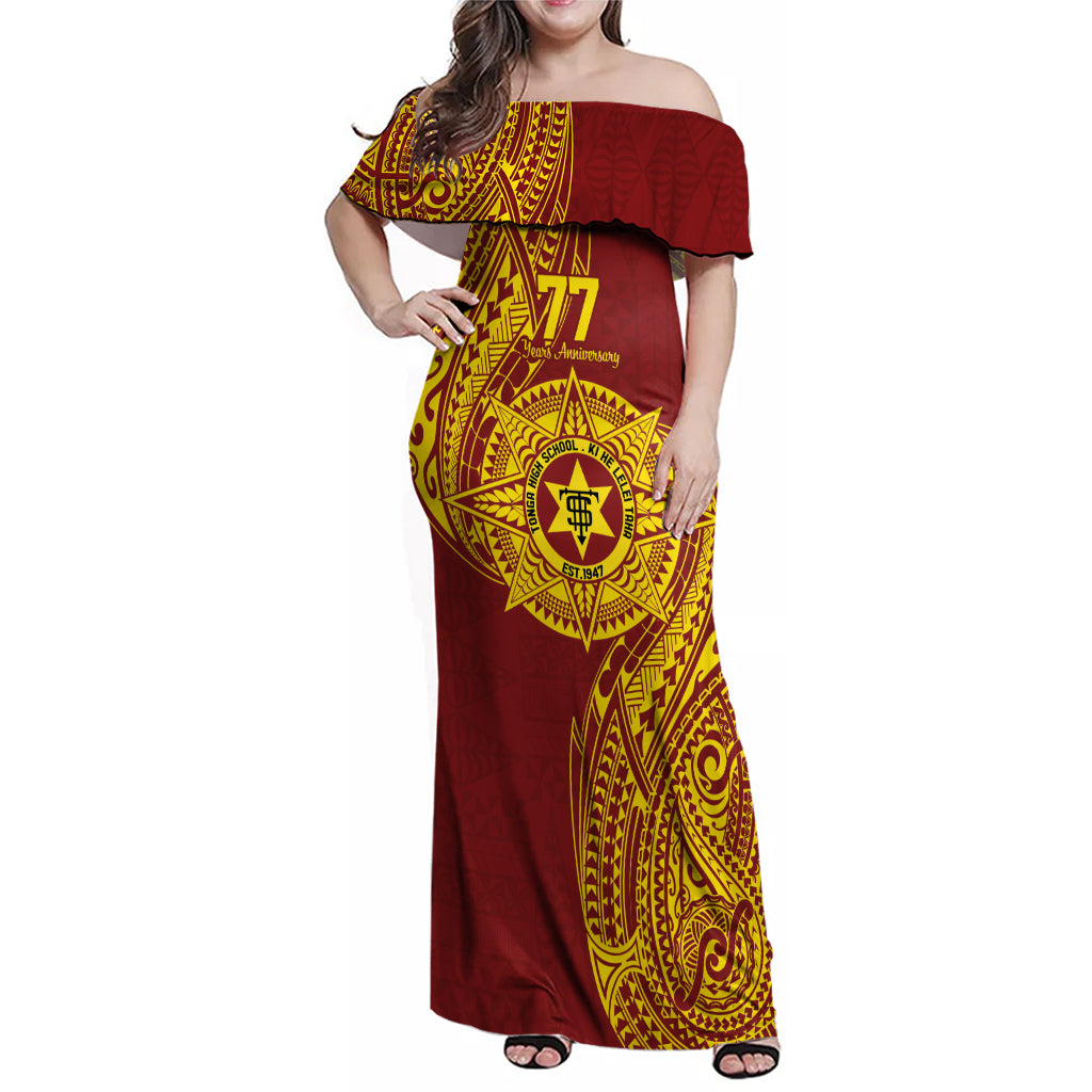 Personalised Tonga High School 77th Anniversary Family Matching Off Shoulder Maxi Dress and Hawaiian Shirt Special Kupesi Pattern LT9 Mom's Dress Gold - Polynesian Pride