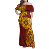 Personalised Tonga High School 77th Anniversary Family Matching Off Shoulder Maxi Dress and Hawaiian Shirt Special Kupesi Pattern LT9 Mom's Dress Gold - Polynesian Pride