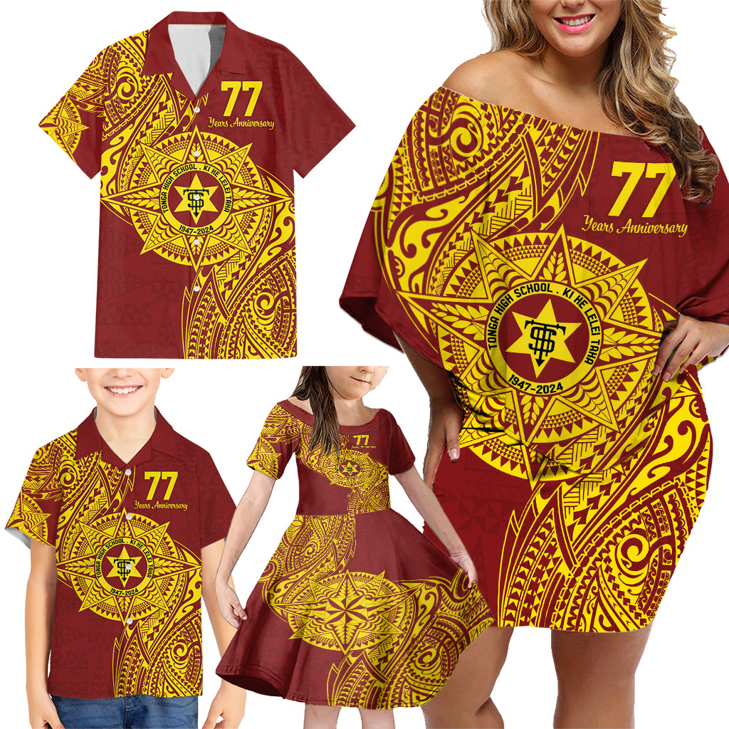 Personalised Tonga High School 77th Anniversary Family Matching Off Shoulder Short Dress and Hawaiian Shirt Special Kupesi Pattern LT9 - Polynesian Pride