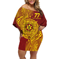 Personalised Tonga High School 77th Anniversary Family Matching Off Shoulder Short Dress and Hawaiian Shirt Special Kupesi Pattern LT9 Mom's Dress Gold - Polynesian Pride