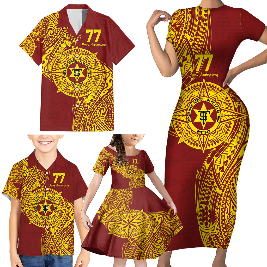 Personalised Tonga High School 77th Anniversary Family Matching Short Sleeve Bodycon Dress and Hawaiian Shirt Special Kupesi Pattern LT9 - Polynesian Pride