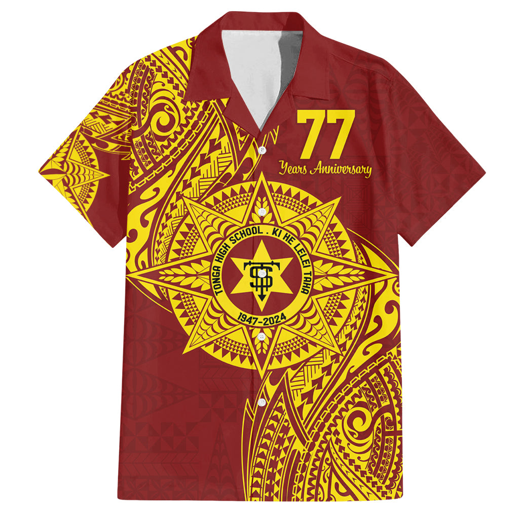 Personalised Tonga High School 77th Anniversary Family Matching Summer Maxi Dress and Hawaiian Shirt Special Kupesi Pattern LT9 Dad's Shirt - Short Sleeve Gold - Polynesian Pride