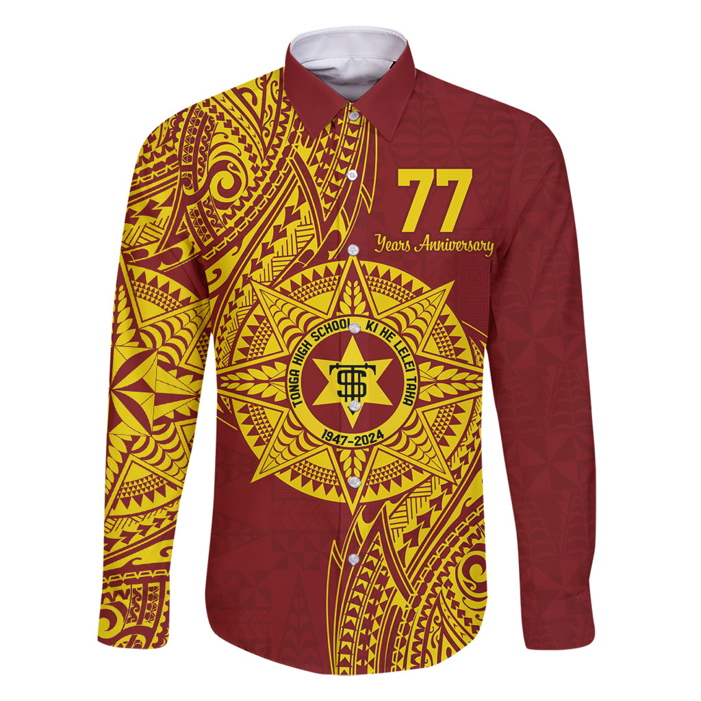 Personalised Tonga High School 77th Anniversary Family Matching Tank Maxi Dress and Hawaiian Shirt Special Kupesi Pattern LT9 Dad's Shirt - Long Sleeve Gold - Polynesian Pride