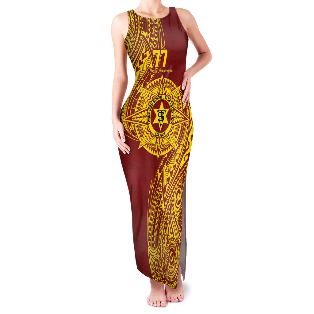 Personalised Tonga High School 77th Anniversary Family Matching Tank Maxi Dress and Hawaiian Shirt Special Kupesi Pattern LT9 Mom's Dress Gold - Polynesian Pride