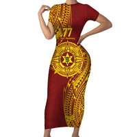 Personalised Tonga High School 77th Anniversary Short Sleeve Bodycon Dress Special Kupesi Pattern LT9 Long Dress Gold - Polynesian Pride