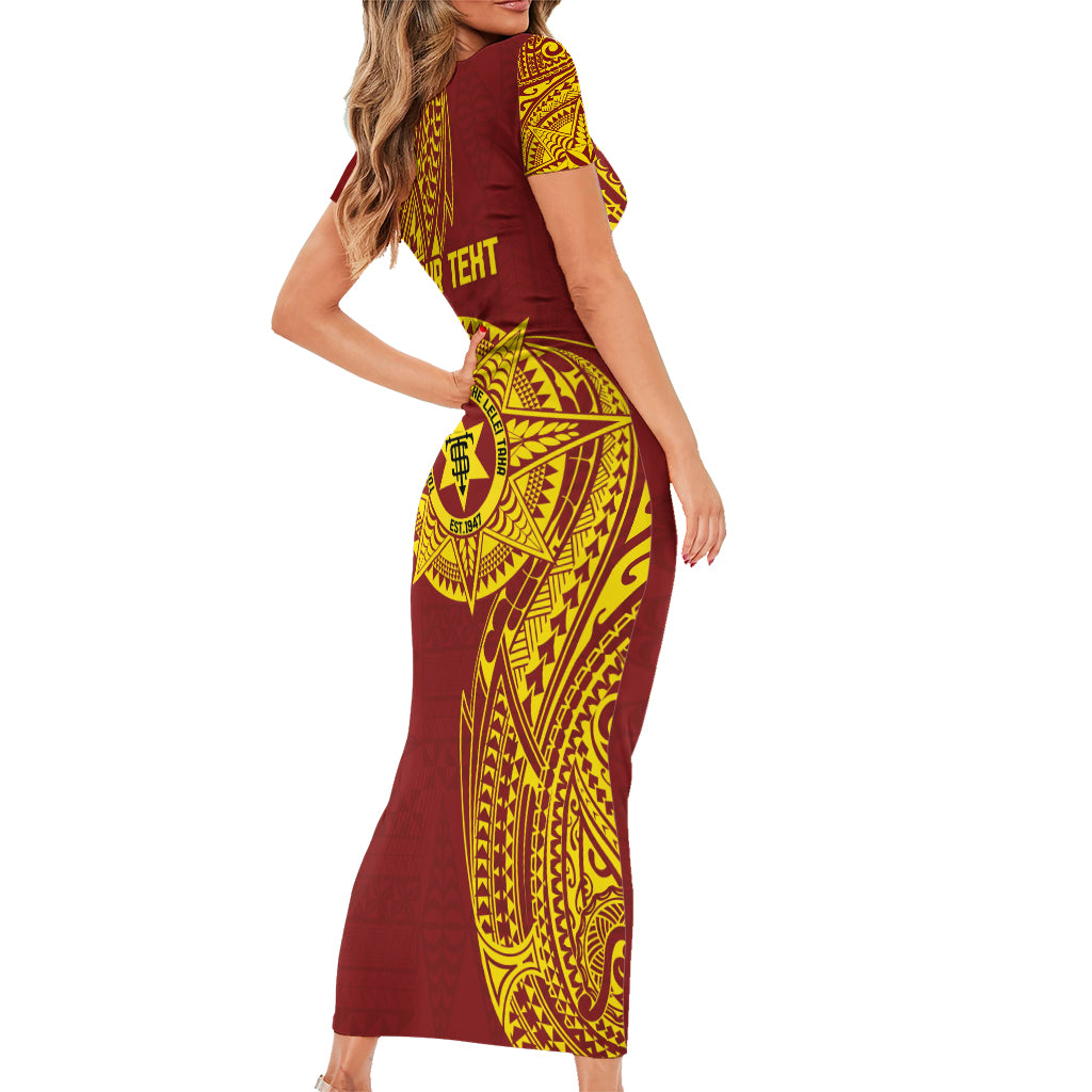 Personalised Tonga High School 77th Anniversary Short Sleeve Bodycon Dress Special Kupesi Pattern LT9 - Polynesian Pride