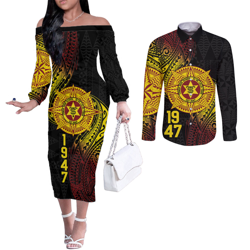 Personalised Tonga High School Couples Matching Off The Shoulder Long Sleeve Dress and Long Sleeve Button Shirt Since 1947 Special Kupesi Pattern LT9 Black - Polynesian Pride
