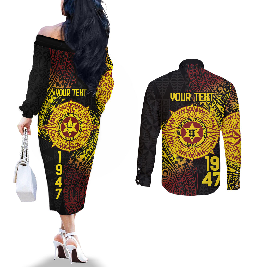 Personalised Tonga High School Couples Matching Off The Shoulder Long Sleeve Dress and Long Sleeve Button Shirt Since 1947 Special Kupesi Pattern LT9 - Polynesian Pride