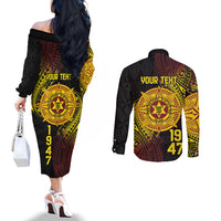 Personalised Tonga High School Couples Matching Off The Shoulder Long Sleeve Dress and Long Sleeve Button Shirt Since 1947 Special Kupesi Pattern LT9 - Polynesian Pride