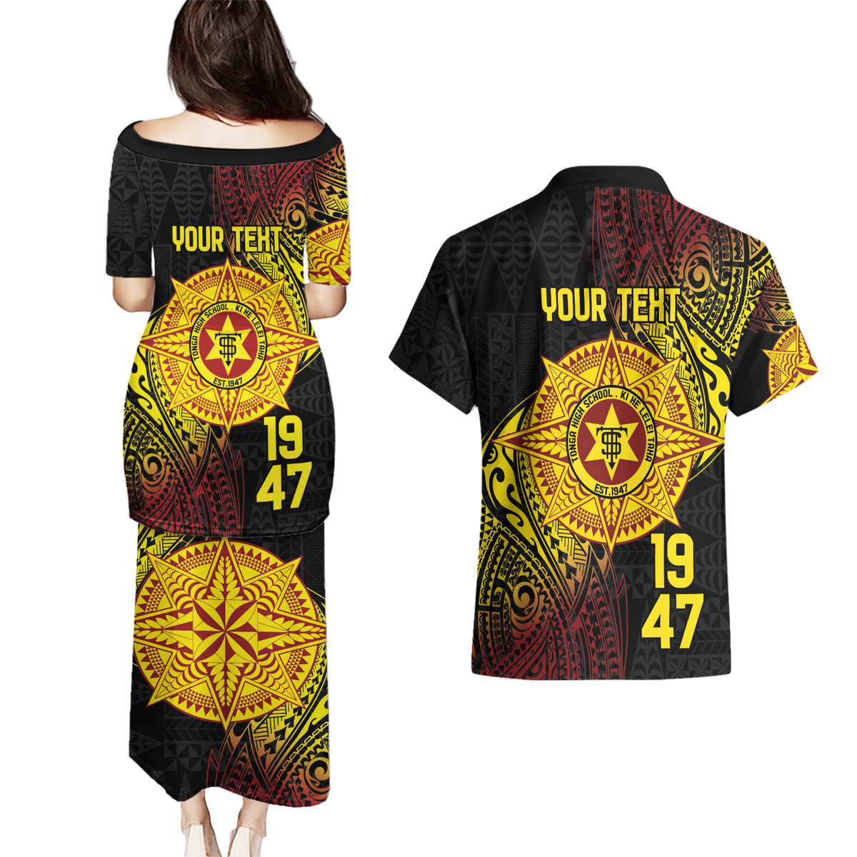 Personalised Tonga High School Couples Matching Puletasi and Hawaiian Shirt Since 1947 Special Kupesi Pattern LT9 - Polynesian Pride