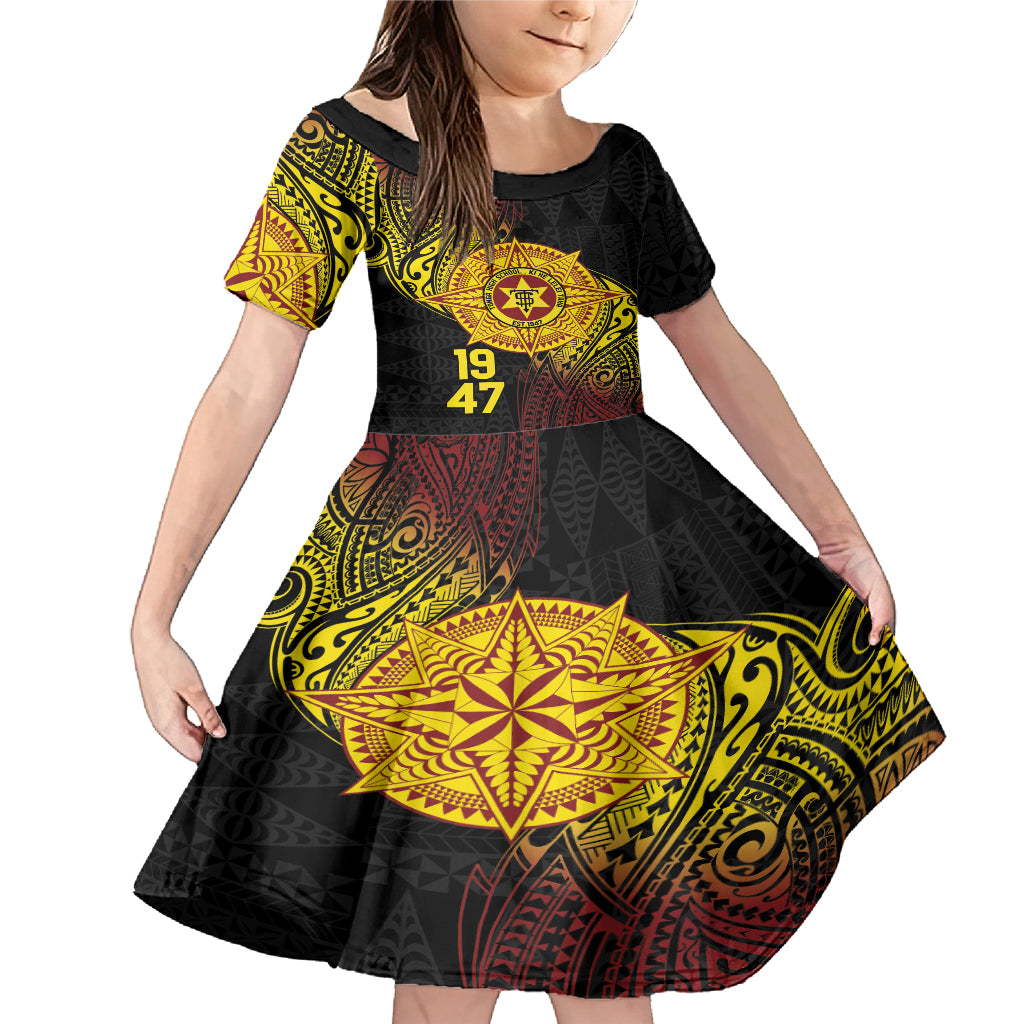 Personalised Tonga High School Family Matching Mermaid Dress and Hawaiian Shirt Since 1947 Special Kupesi Pattern LT9 Daughter's Dress Black - Polynesian Pride