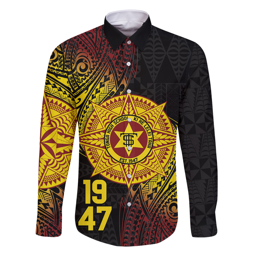 Personalised Tonga High School Family Matching Mermaid Dress and Hawaiian Shirt Since 1947 Special Kupesi Pattern LT9 Dad's Shirt - Long Sleeve Black - Polynesian Pride