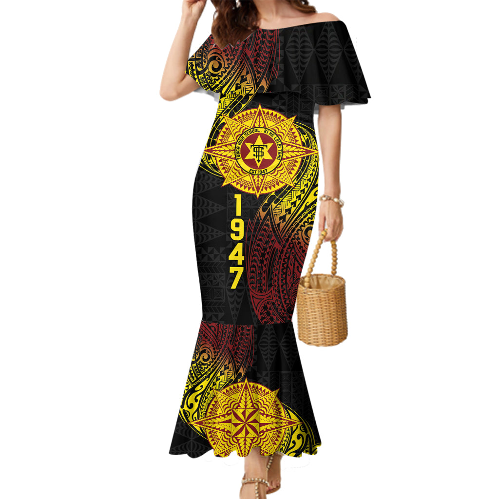 Personalised Tonga High School Family Matching Mermaid Dress and Hawaiian Shirt Since 1947 Special Kupesi Pattern LT9 Mom's Dress Black - Polynesian Pride