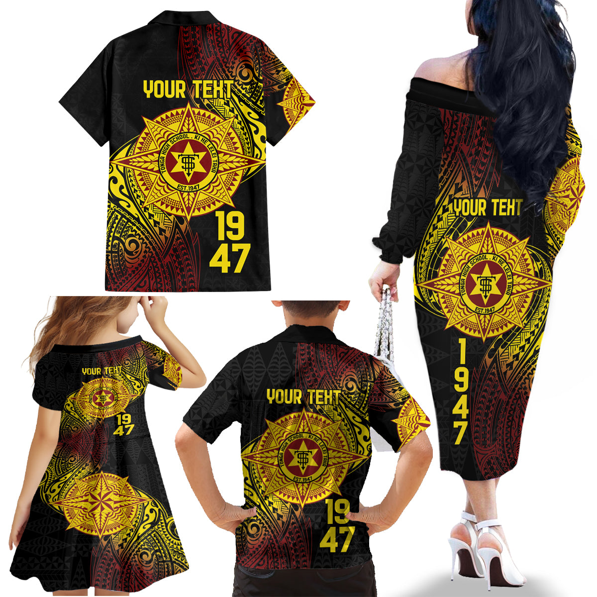 Personalised Tonga High School Family Matching Off The Shoulder Long Sleeve Dress and Hawaiian Shirt Since 1947 Special Kupesi Pattern LT9 - Polynesian Pride